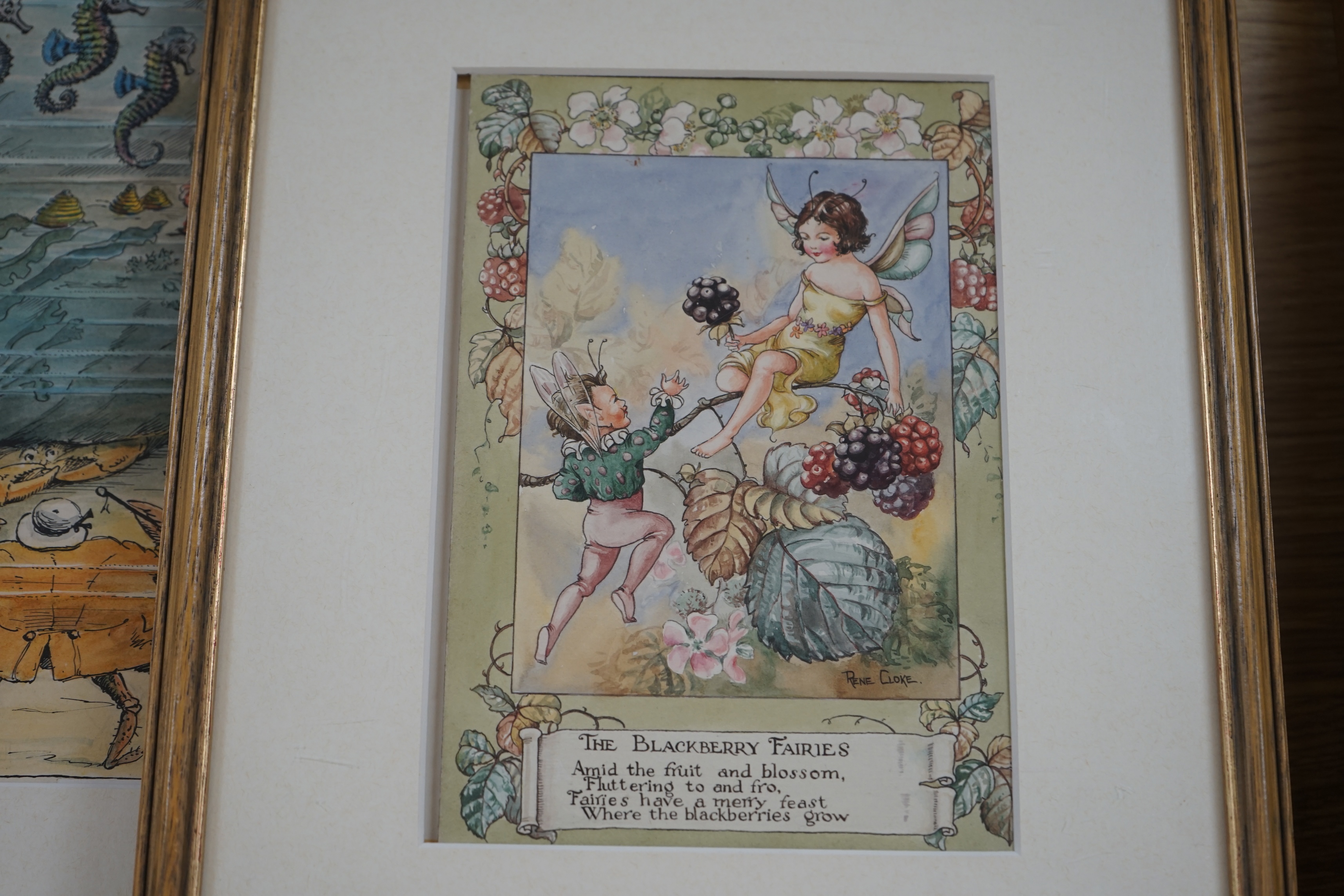 Two original watercolour illustrations, comprising Rene Cloke (1904-1995), ‘The Blackberry Faries’, signed, with verse, and Harry B. Neilson (1861-1941), ‘Brandylegs and the Lobsters’, signed, largest, 27 x 21cm. Conditi